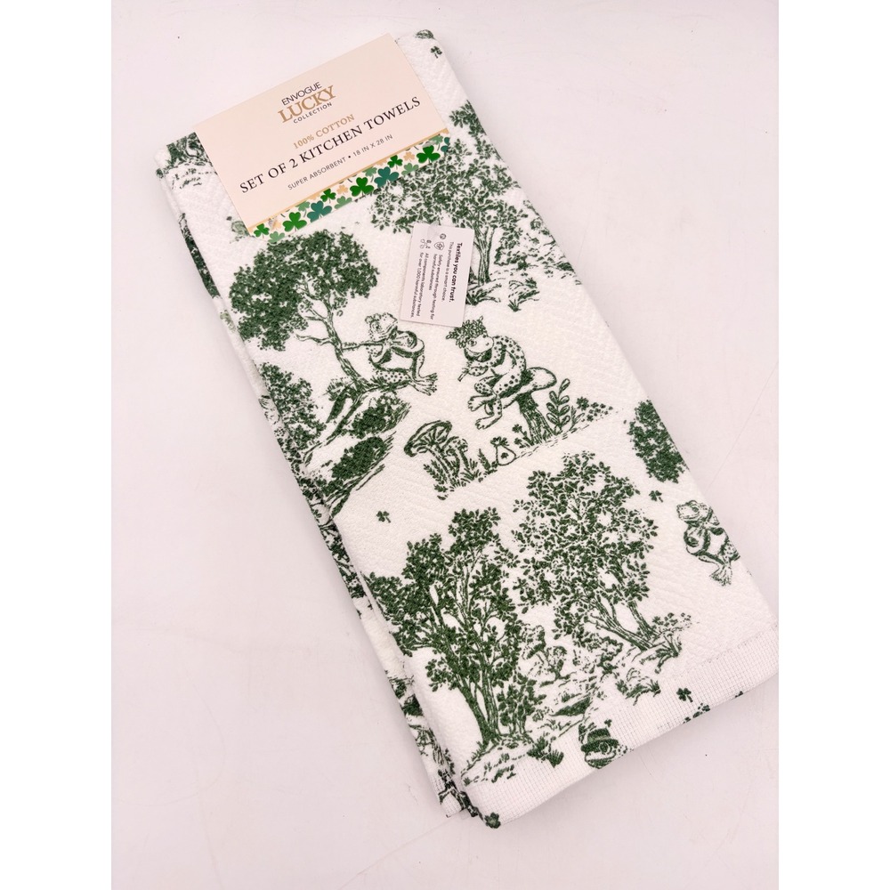 Envogue Lucky Collection Frog Toile Kitchen Towels Set of 2 Green White Cotton